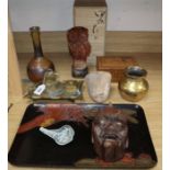 A quantity of Japanese and other collectables including lacquer tray, puzzle box and metalwares,