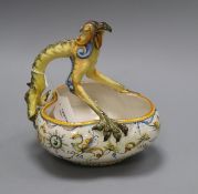 A Cantagalli majolica trefoil bowl, the handle modelled as a grotesque bird and decorated with