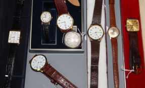 An Omega Geneve gentlemen's cushion-shaped wristwatch, an Ingersoll trench-style watch and six other