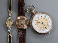 A gold plated Longines two tone dial manual wind wrist watch, a lady's Bulova watch and an 800