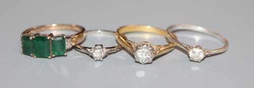 Two 18ct and solitaire diamond rings and two 9ct and gem set rings.