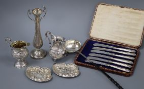 Two 18th century late embossed silver cream jugs, a silver toddy ladle, Art Nouveau vase, pair of
