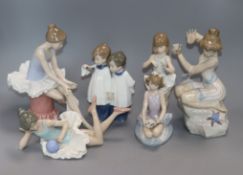 Two Lladro figures and three Nao figures, comprising: 'Startled', No. 5614, 'First Ballet', No.