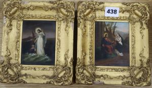 German School, pair of oils on zinc, religious scenes, 10 x 7.5cm.