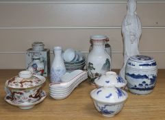 A Chinese blue and white barrel-shaped pot and cover and a quantity of Asian ceramics, various,