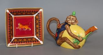 A Minton Archive Collection Monkey Teapot, No. 84/1793 and a Royal Worcester Jaipur tiger dish (2,