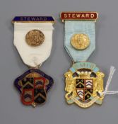 Two silver-gilt and enamel Masonic Steward's badges in Spencer & Co box