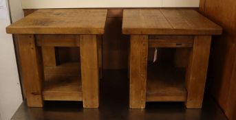 A pair of modern oak two tier occasional tables and a TV unit W.50cm