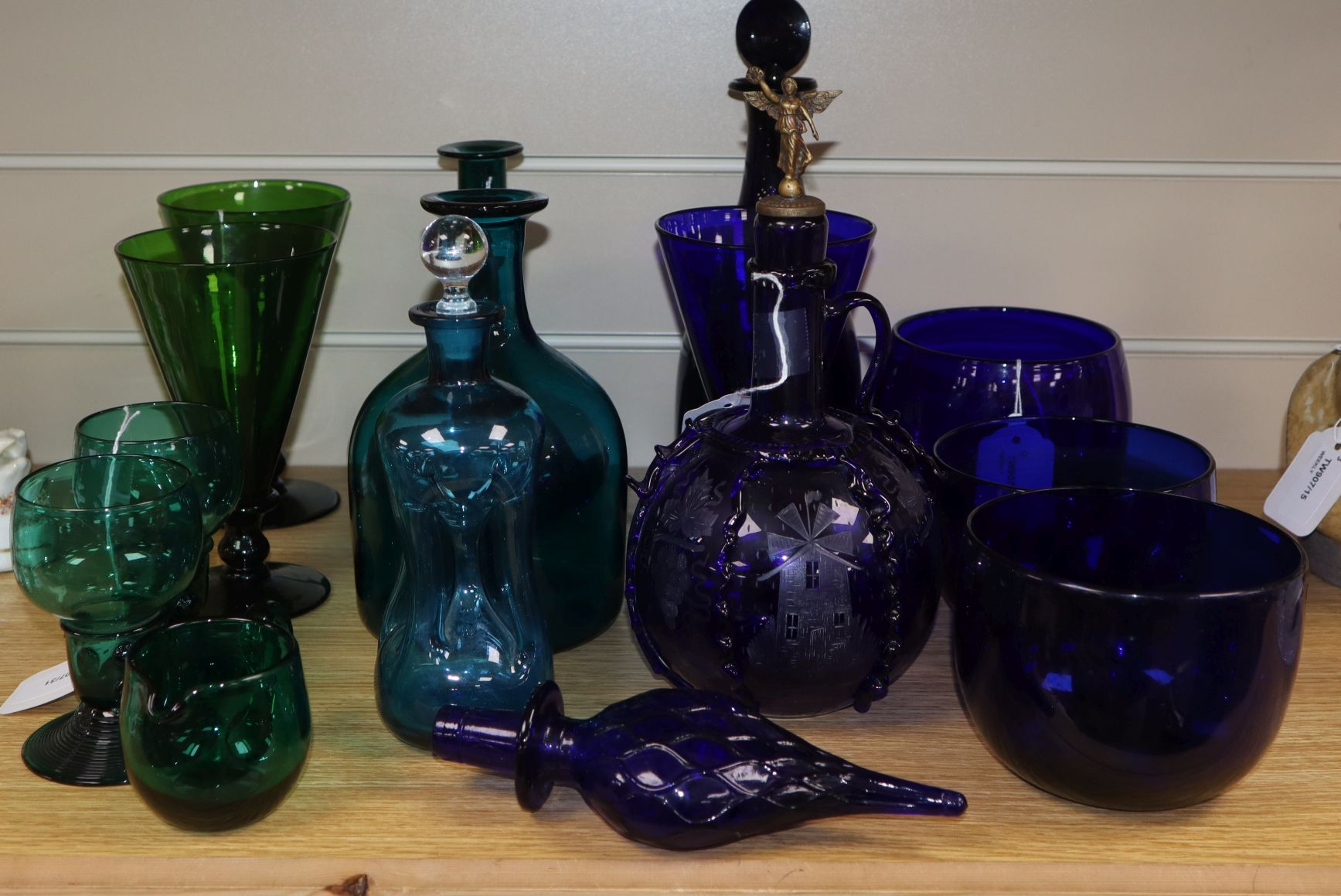 A Dutch blue glass decanter and other 19th century coloured glassware, including finger bowls,