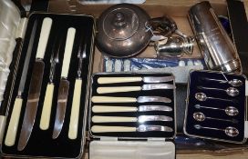 A set of six silver bean end coffee spoons and a collection of plated items and flatware,