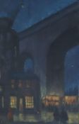 C.Dyde, oil on canvas, Viaduct at night, signed, 40 x 25cm unframed
