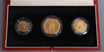 A cased Royal Mint 500th Anniversary gold Sovereign Three-Coin Set, half sovereign, sovereign and