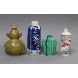 A Chinese malachite snuff bottle and three porcelain snuff bottles, 19th / 20th century (4)