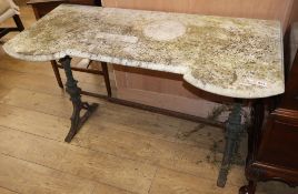 A Victorian marble top cast iron garden table Length 120cm