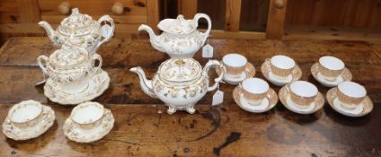 Various 19th century gilt and white tea wares, some banded in pink, including pots, cups, saucers,