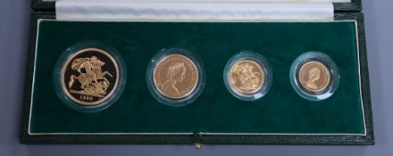A cased Royal Mint 1980 gold proof set £5, £2, sovereign and half sovereign, with certificate.
