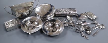 Mixed silver and plated items including a sugar bowl, small armada dishes, condiment spoons and a
