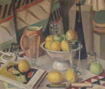 Ellen Warrington (20th century British) still life of fruit and wine on a table,oil on board, 50 x