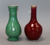 A Chinese sang de boeuf (langyao) vase and a Chinese green crackle glaze vase, 18th/19th century,