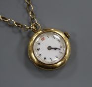 An 18ct gold-cased ladys' fob watch on 9ct gold suspension chain.