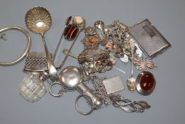 A collection of mixed silver/white metal/plate including George V chatelaine. charm bracelet,