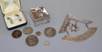 A silver-mounted glass travelling inkwell, a Victorian Masonic jewel, a pair of silver cufflinks and