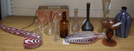 A collection of decorative glassware, including a Nailsea swirled pipe, flask and vase, a similar