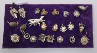 Eleven pairs of antique silver, gilt and other earrings, including a scarab-set pair, an 'acorn'
