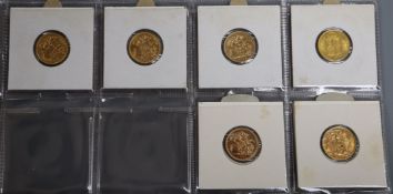 Six assorted gold half sovereigns - 1887, 1896, 1901, 1910, 1915 and 1980.