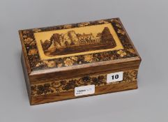 A Tunbridge Ware rectangular jewellery box decorated with Tonbridge Castle and tesselated bands