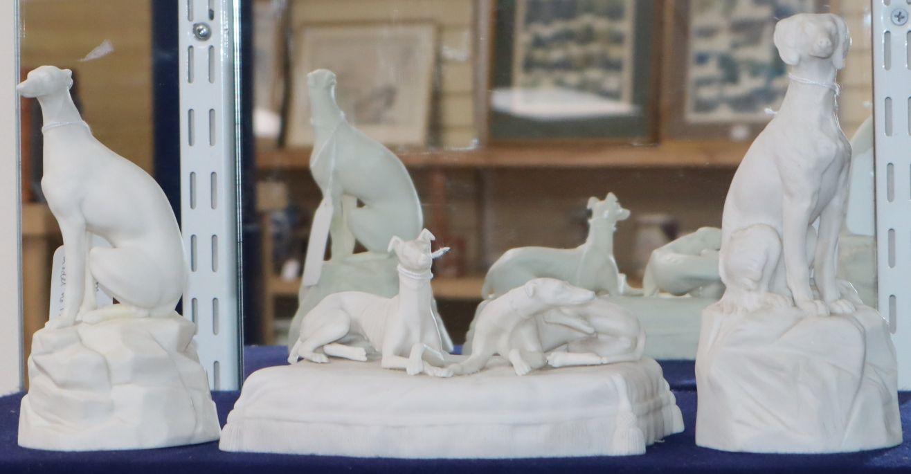 A Samuel Alcock parian group of greyhounds and two Minton parian figures of greyhounds, c.1850-70,
