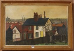 Turner, oil on board, Cottages, signed and dated 57, 47 x 73cm.