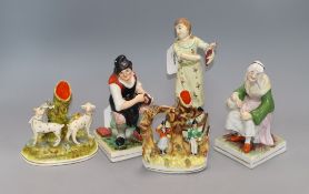 A pair of Staffordshire figures, cobbler and wife, a figure of a girl holding a bird and two spill