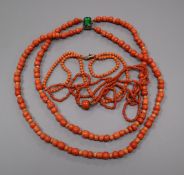 Three assorted coral bead necklaces, including double strand, longest approx. 50cm.