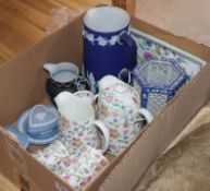 A Minton Haddon Hall part coffee service, a blue and white reticulated vase and five items of