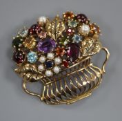 A yellow metal and gem set 'basket of flowers' or giardinetto brooch, 40mm.