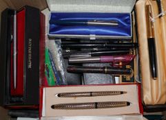 A collection of fountain and ballpoint pens, some boxed, including Parker 51 and 61, Parker