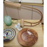 A bespoke beech and cedar adjustable desk lamp, circa 1980 and a turned burr oak dish by Ivan