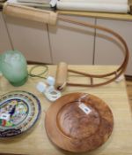 A bespoke beech and cedar adjustable desk lamp, circa 1980 and a turned burr oak dish by Ivan