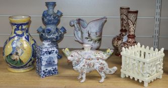 A Dutch Delft polychrome vase, a French Veuve Perrin faience ewer and sundry other Continental