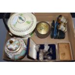 A pair of opera glasses, various and a vase, compacts and an Art Deco biscuit barrel etc