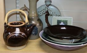 A Jane Bridger stoneware ewer, a Bridget Duxbury 'Rabbits' bowl and and four other items of studio