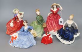 Five Royal Doulton figures and a similar Coalport figure