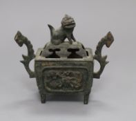 A Chinese Archaistic rectangular bronze censer cover, and stand, 19th/20th century, H.16cm