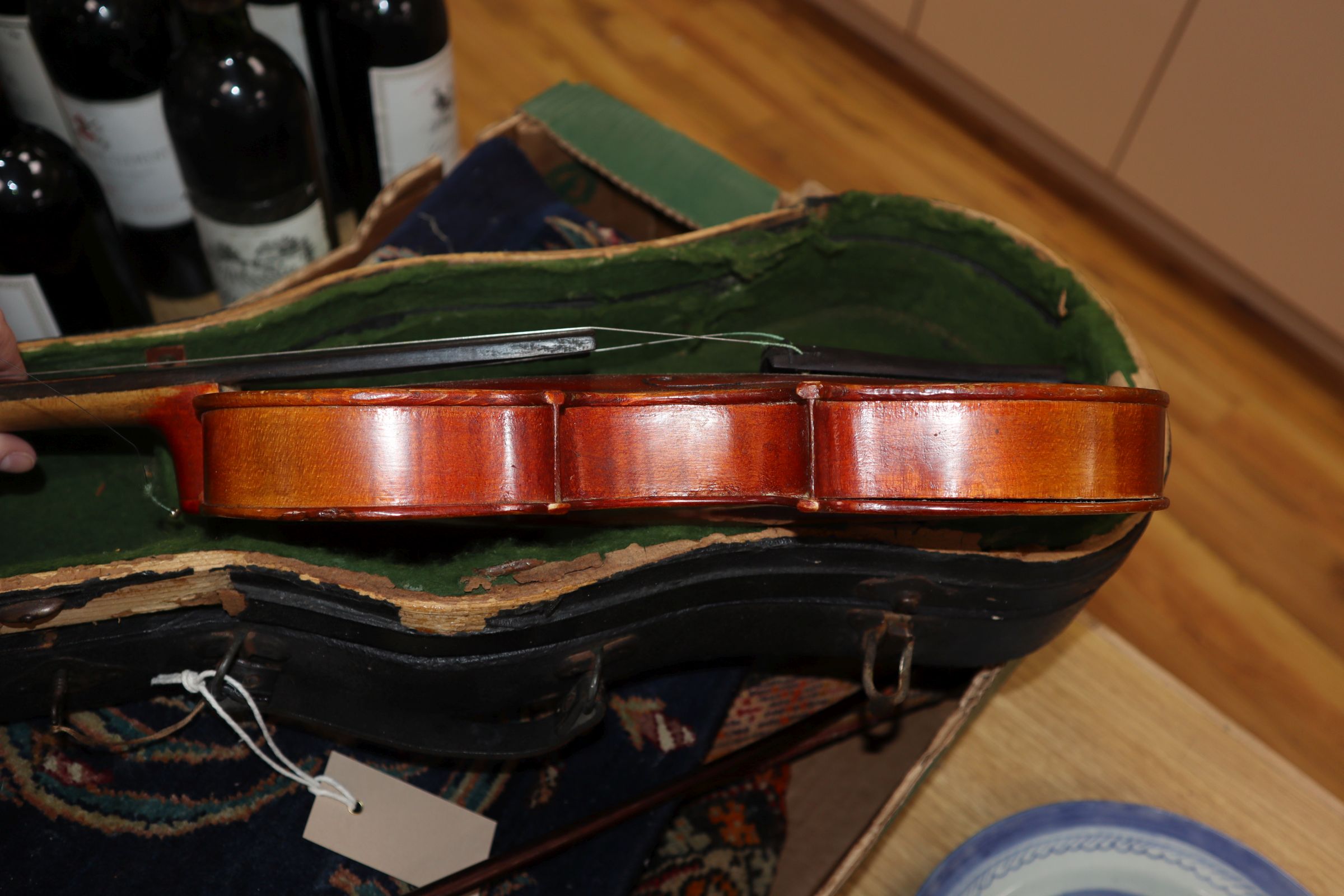 A German three-quarter size violin and bow, cased - Image 11 of 11