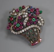 A yellow metal and multi gem set basket of flowers or giardinetto brooch, 45mm.