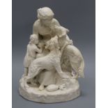 A Victorian parian group modelled as a seated lady with two hunting dogs, a child at her side, on