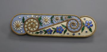 A yellow metal and floral enamel bar brooch, 52mm.