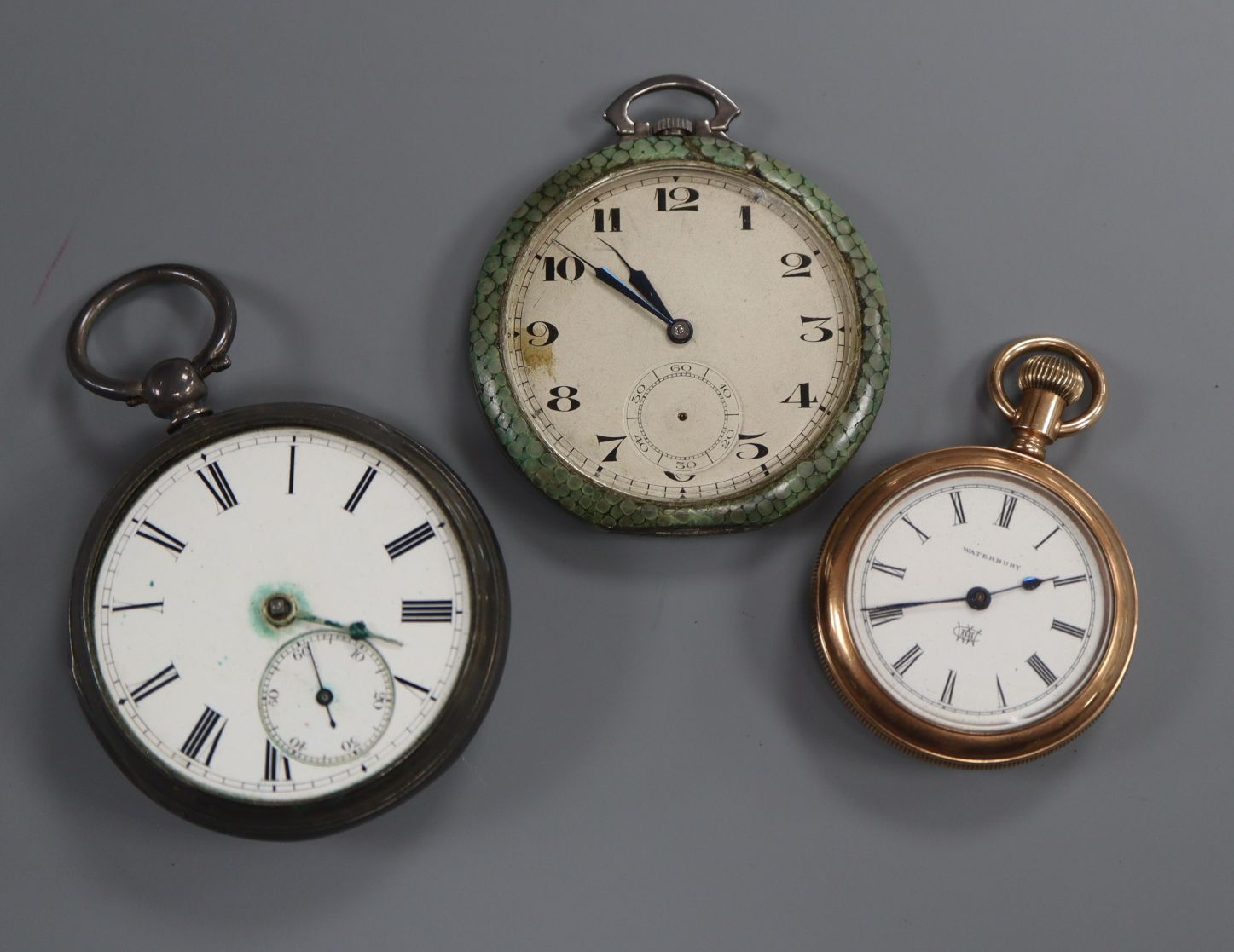 A 1930's? 925 and shagreen cased open face pocket watch, a silver pocket watch and a gold plated