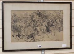 Charles Henry Sykes (1875-1950), pen and ink, Chaotic procession possibly originally titled 'Mon